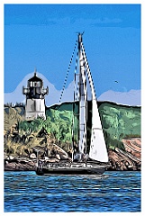 Sailboat Passes by Ten Pound Island Light - Digital Painting